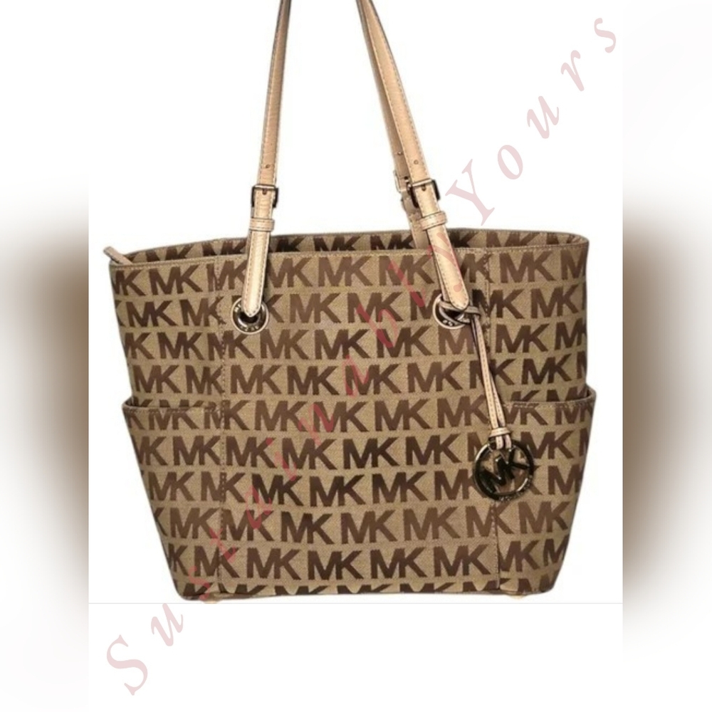 Michael Kors MK Signature Logo Tote Bag Brown Tan Canvas Leather Handbag Purse